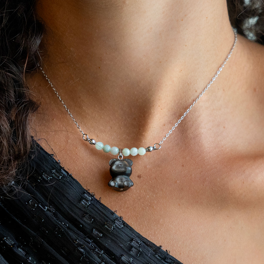 Pendentif Malo - Emeraude, Obsidienne Argentée