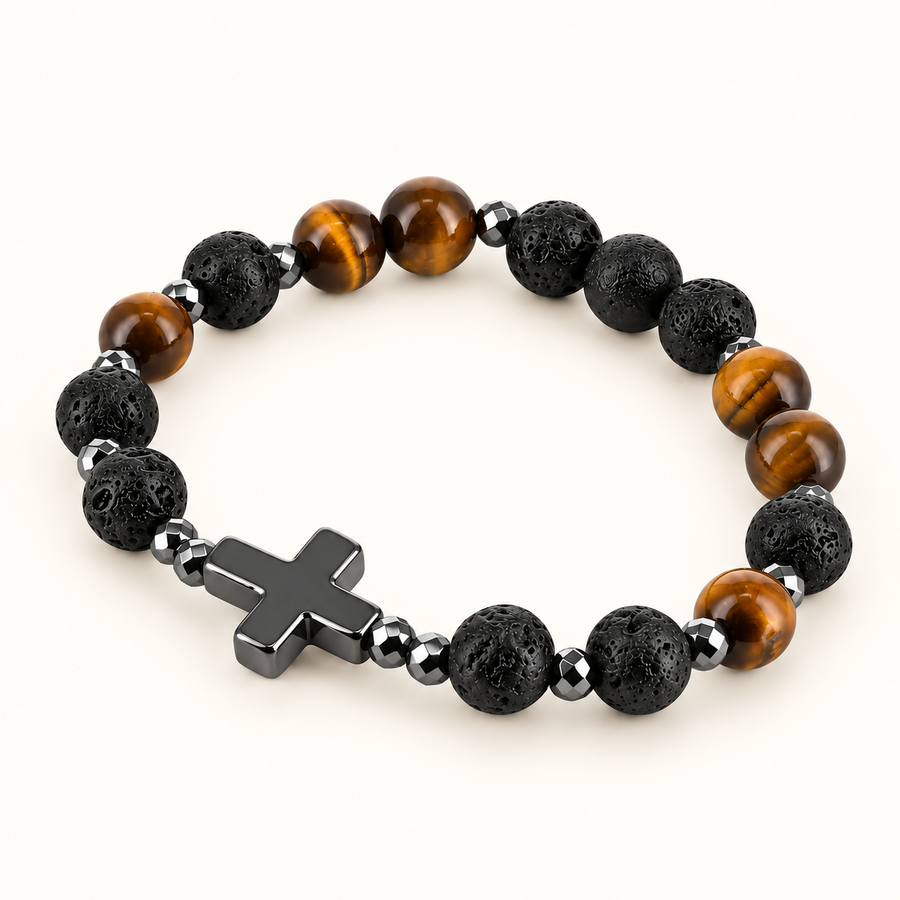 Bracelet croix Léo - Hématite/Oeil de tigre