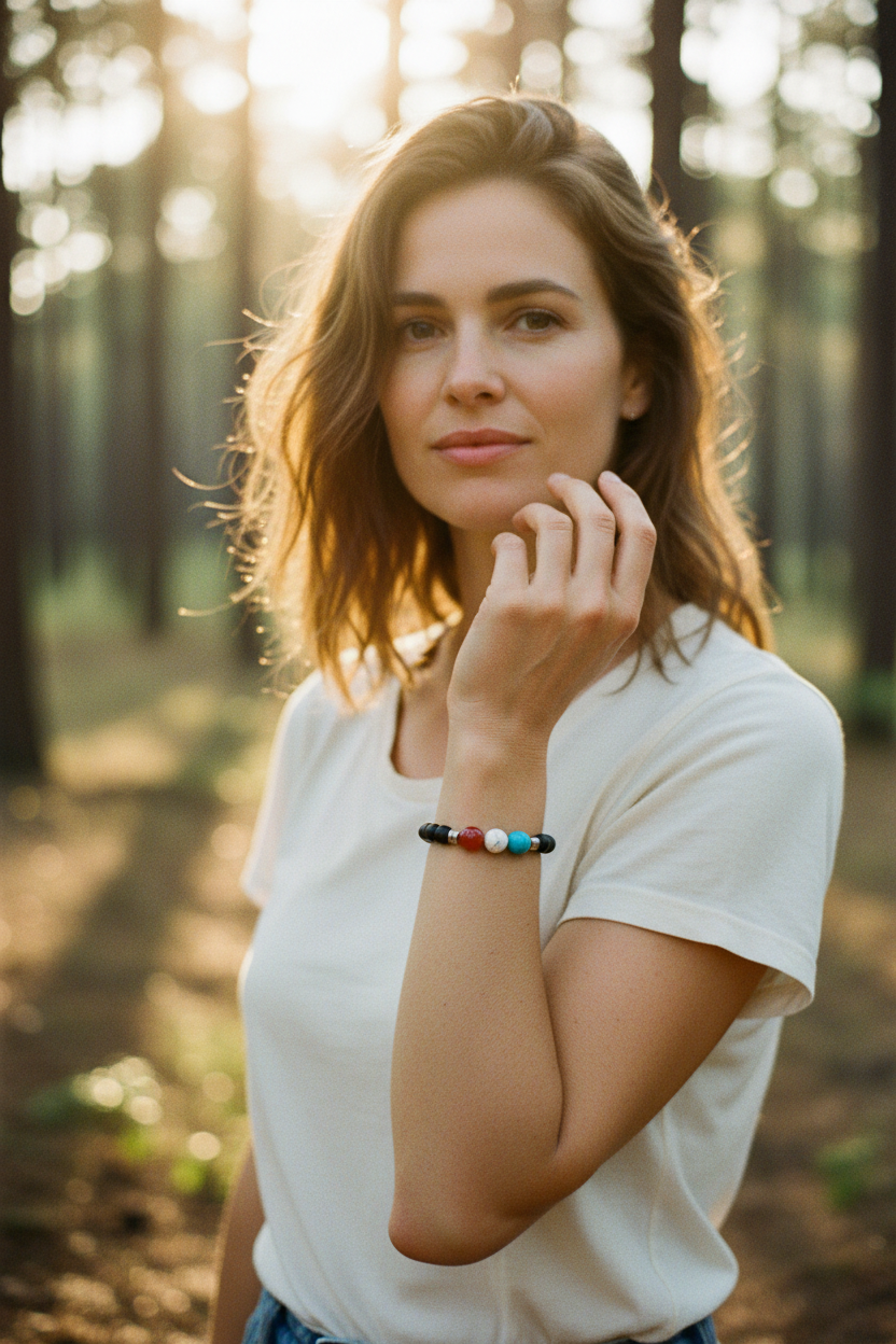 Bracelet Victoire - Bois Ebene, Apatite Bleue, Agate rouge Cornaline, Magnésite