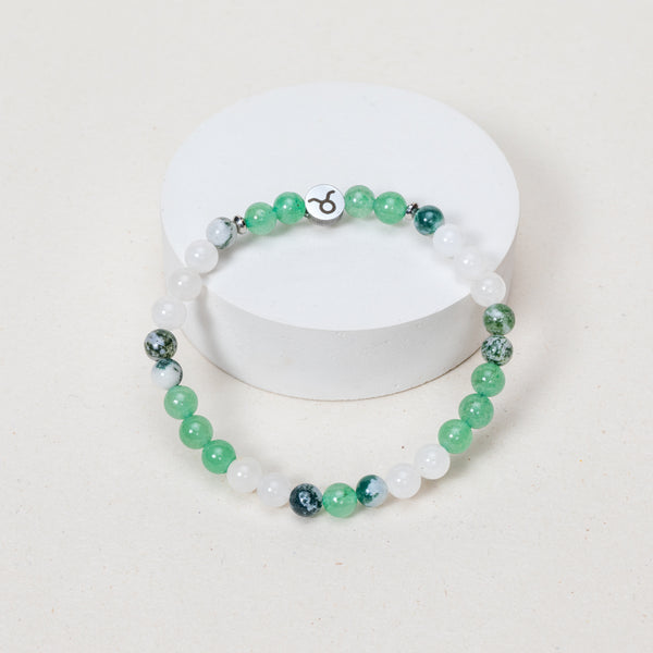 Bracelet Taureau - Aventurine Verte, Jade Blanc, Agate Arbre - Doré