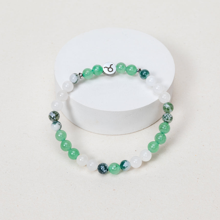 Bracelet Taureau - Aventurine Verte, Jade Blanc, Agate Arbre - Doré